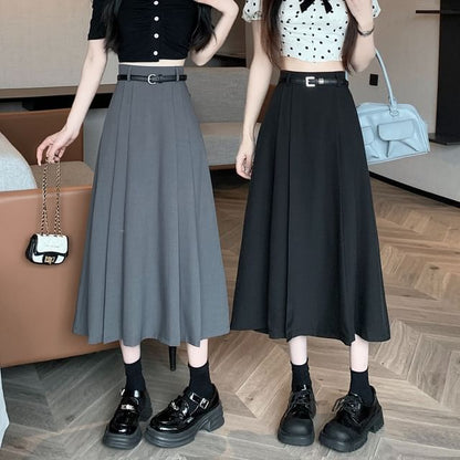 High Rise Plain Pleated Midi A-Line Skirt
