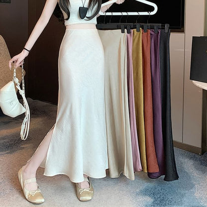 High Rise Plain Slit Satin Maxi Fishtail Skirt