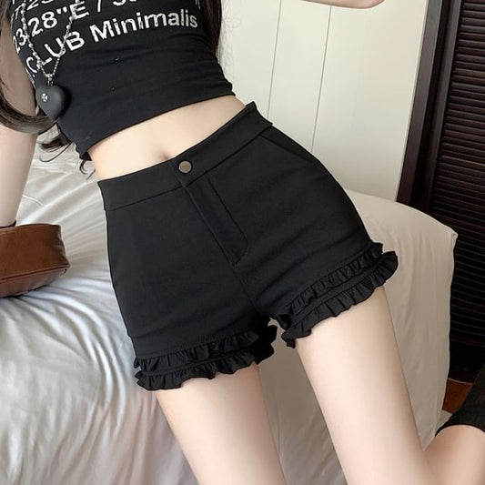 High Waist Plain Frill Trim Hot Pants