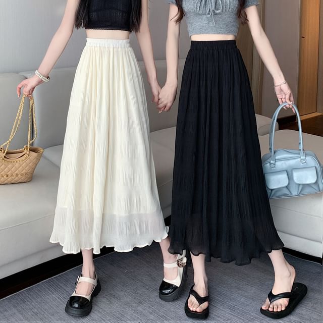 High Waist Plain Crinkle Midi A-Line Skirt
