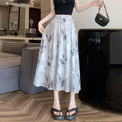 High Rise Butterfly Print Midi A-Line Skirt