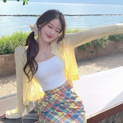 Crew Neck Perforated Button-Up Plain Crop Cardigan