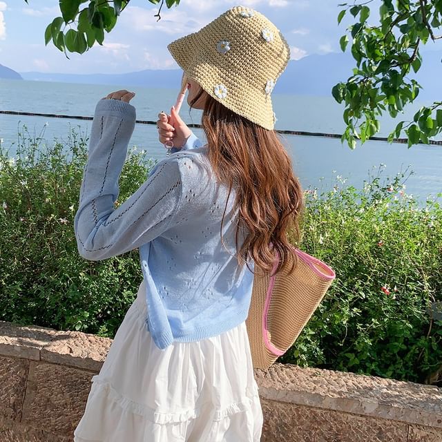 Crew Neck Perforated Button-Up Plain Crop Cardigan