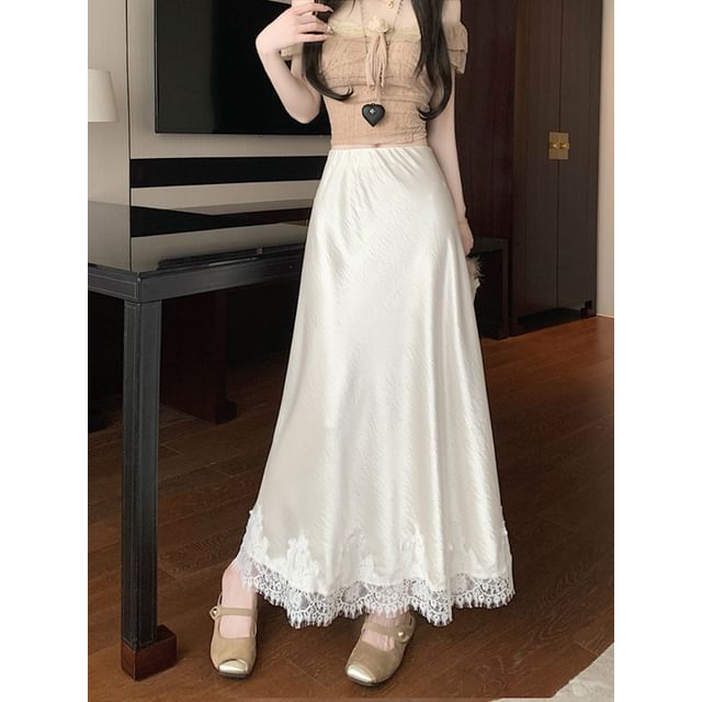 High Rise Lace Panel Satin Midi A-Line Skirt