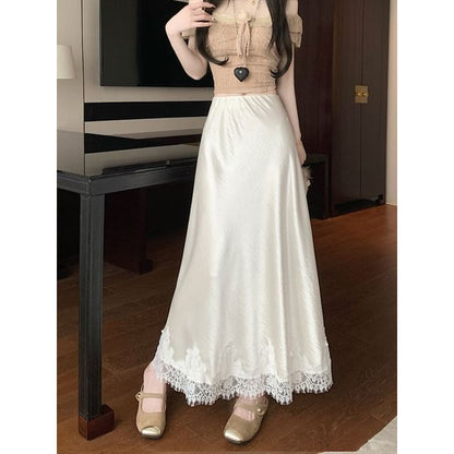 High Rise Lace Panel Satin Midi A-Line Skirt