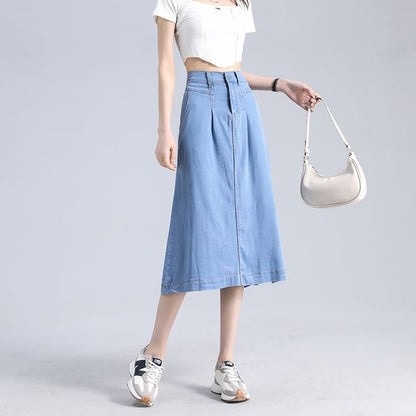 High Waist Denim Midi A-Line Skirt