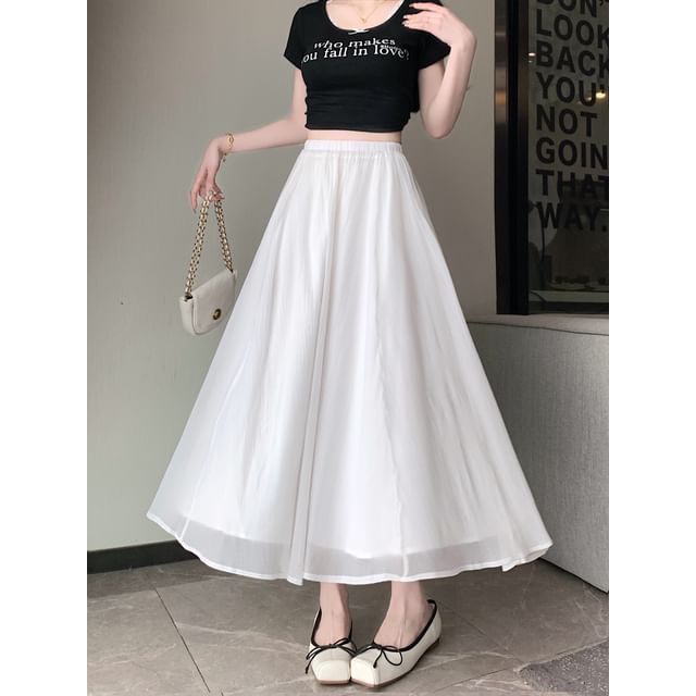 High Rise Plain Mesh Midi A-Line Skirt