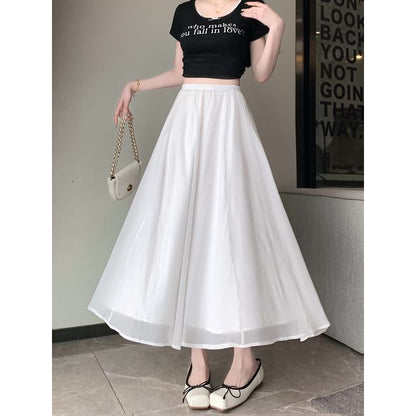 High Rise Plain Mesh Midi A-Line Skirt