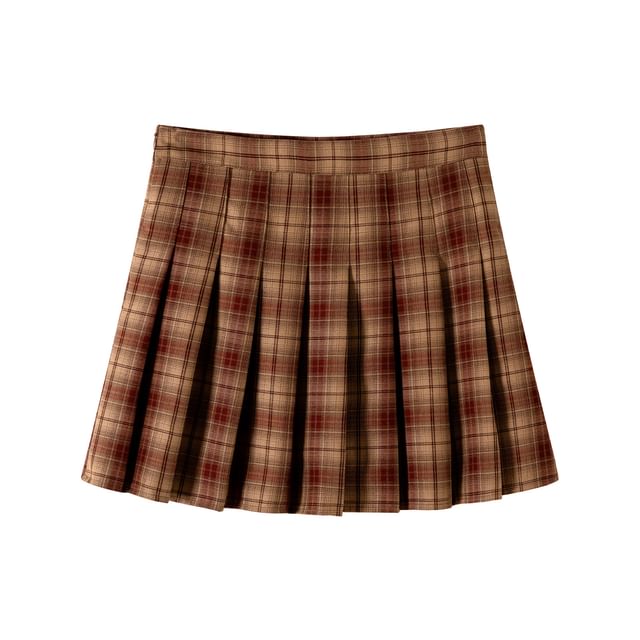 High Rise Plaid Pleated Mini A-Line Skirt