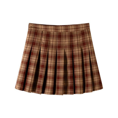 High Rise Plaid Pleated Mini A-Line Skirt