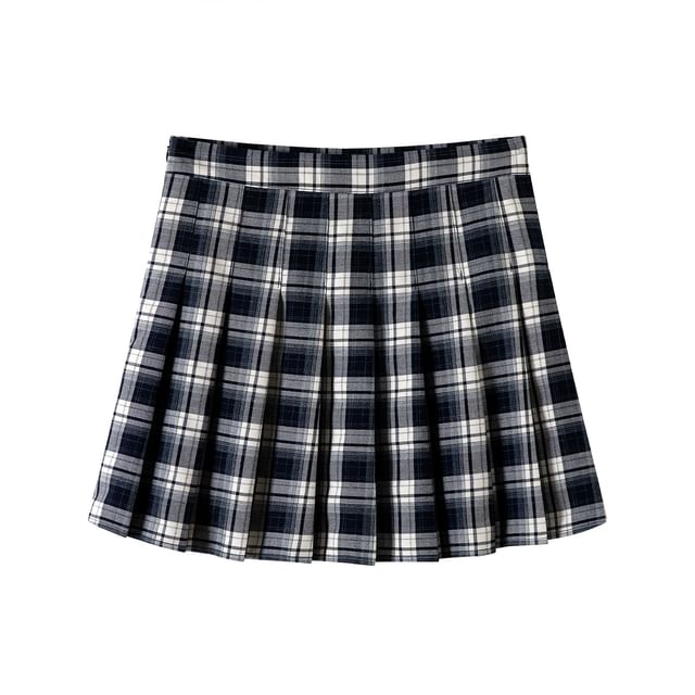High Rise Plaid Pleated Mini A-Line Skirt