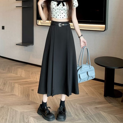 High Rise Plain Pleated Midi A-Line Skirt