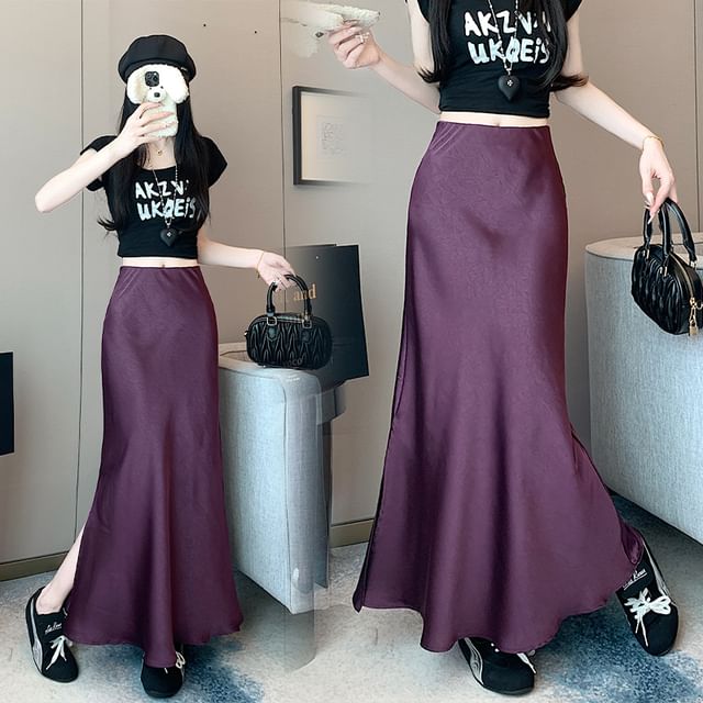 High Rise Plain Slit Satin Maxi Fishtail Skirt