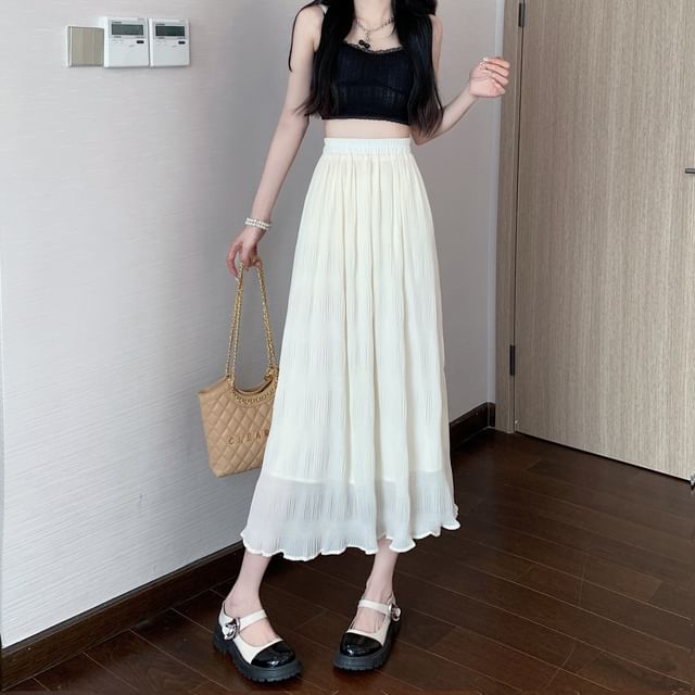 High Waist Plain Crinkle Midi A-Line Skirt