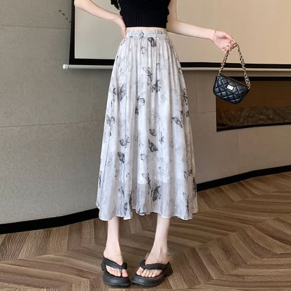High Rise Butterfly Print Midi A-Line Skirt