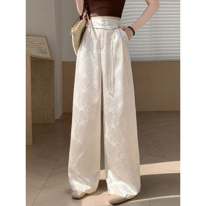 High Waist Jacquard Satin Wide Leg Pants