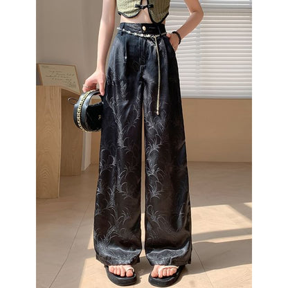 High Waist Jacquard Satin Wide Leg Pants