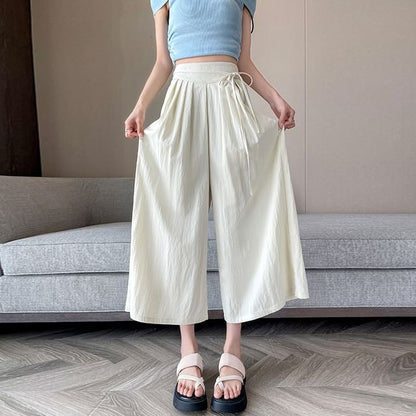 High Waist Plain Pleated Cropped Culottes