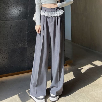 High Waist Lace Panel Wide Leg Dress Pants (Various Designs)