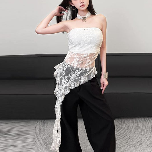 Asymmetric Hem Tube Top - Sheer Lace Panel