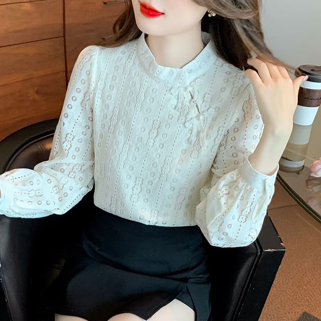 Stand Collar Lace Blouse - Frog Closure Long Sleeve