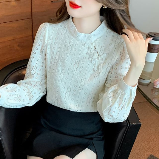 Stand Collar Lace Blouse - Frog Closure Long Sleeve