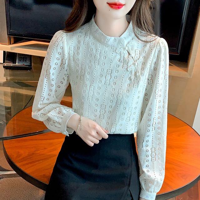 Stand Collar Lace Blouse - Frog Closure Long Sleeve