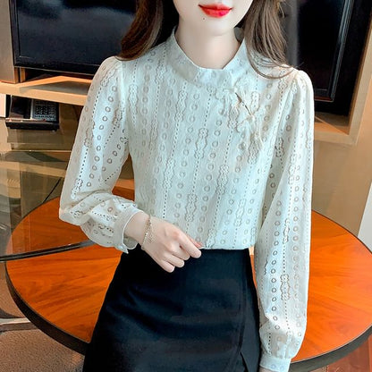 Stand Collar Lace Blouse - Frog Closure Long Sleeve
