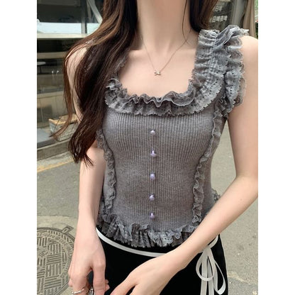 Padded Crop Tank - Scoop Neck Lace Trim