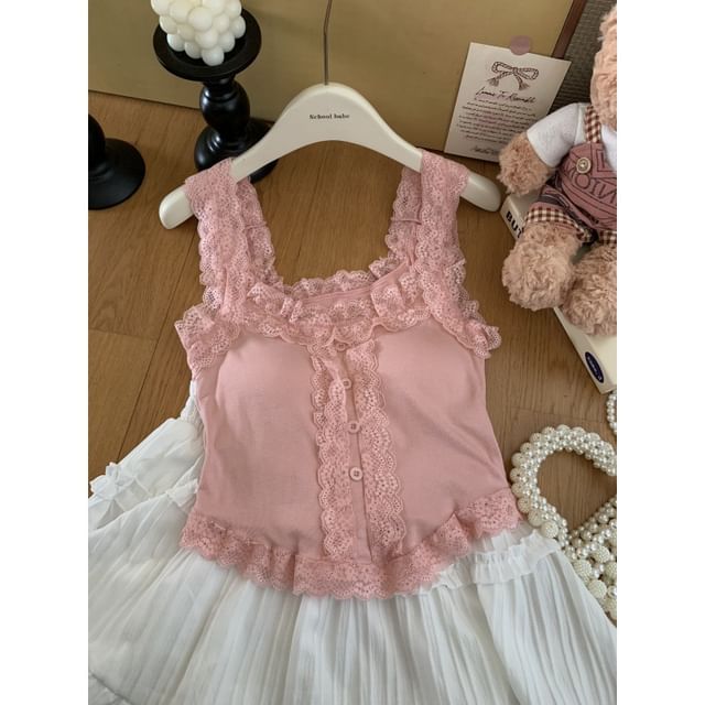 Padded Crop Tank - Scoop Neck Lace Trim