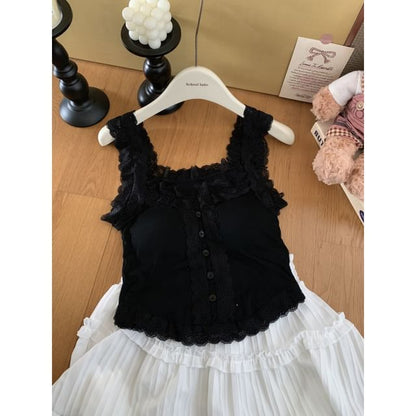 Padded Crop Tank - Scoop Neck Lace Trim