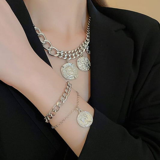Coin Pendant Layered Alloy Bracelet / Necklace