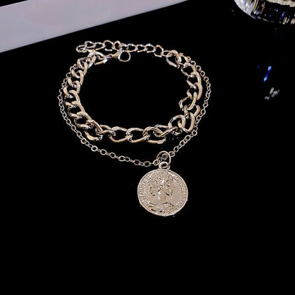 Coin Pendant Layered Alloy Bracelet / Necklace