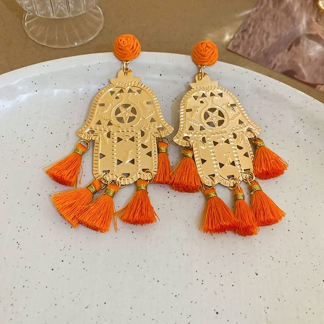 Droplet / Hamsa Hand Tassel Alloy Chandelier Earring
