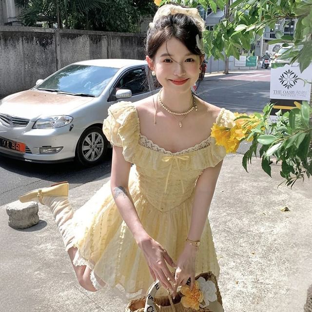 Short Sleeve Square Neck Bow Ruffle Panel Lace Mini A-Line Dress