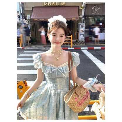 Short Sleeve Square Neck Bow Ruffle Panel Lace Mini A-Line Dress