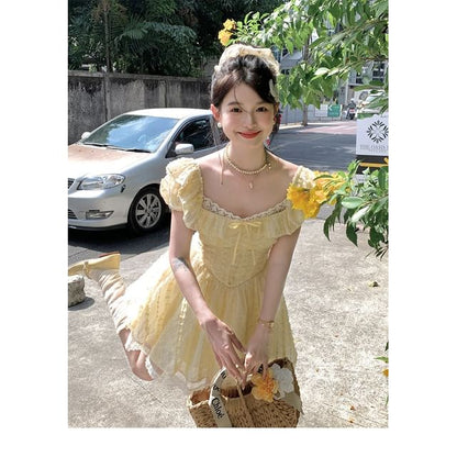 Short Sleeve Square Neck Bow Ruffle Panel Lace Mini A-Line Dress