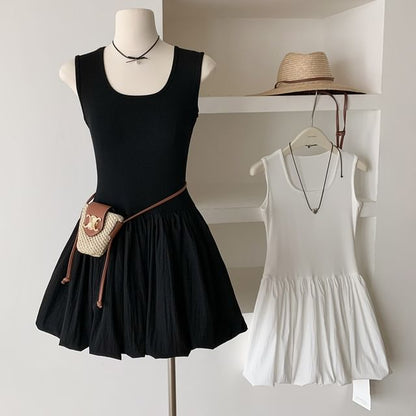 Sleeveless Scoop Neck Plain Ribbed Mini A-Line Dress