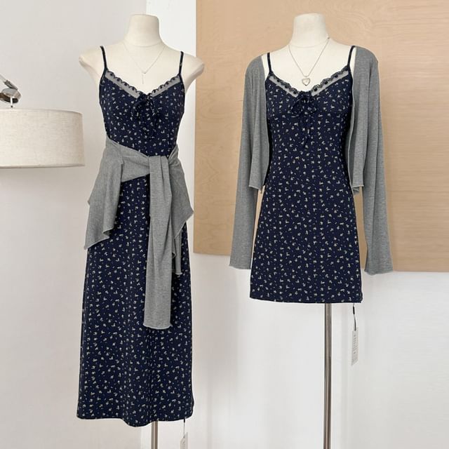 Set: Spaghetti Strap V-Neck Floral Print Lace Trim A-Line Dress + Plain Open Front Cardigan (Various Designs)