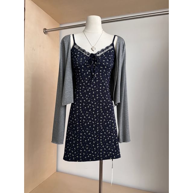 Set: Spaghetti Strap V-Neck Floral Print Lace Trim A-Line Dress + Plain Open Front Cardigan (Various Designs)