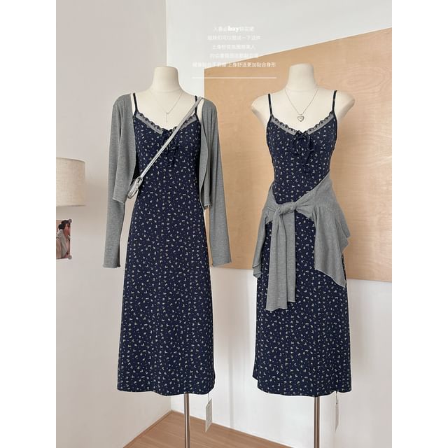 Set: Spaghetti Strap V-Neck Floral Print Lace Trim A-Line Dress + Plain Open Front Cardigan (Various Designs)