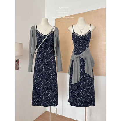 Set: Spaghetti Strap V-Neck Floral Print Lace Trim A-Line Dress + Plain Open Front Cardigan (Various Designs)