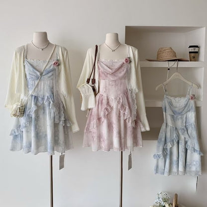 Set: Plain Cardigan + Spaghetti Strap Floral Print Mini A-Line Dress