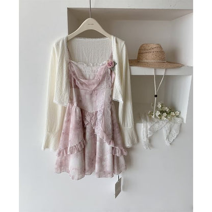 Set: Plain Cardigan + Spaghetti Strap Floral Print Mini A-Line Dress