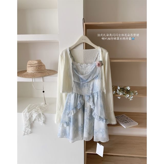 Set: Plain Cardigan + Spaghetti Strap Floral Print Mini A-Line Dress