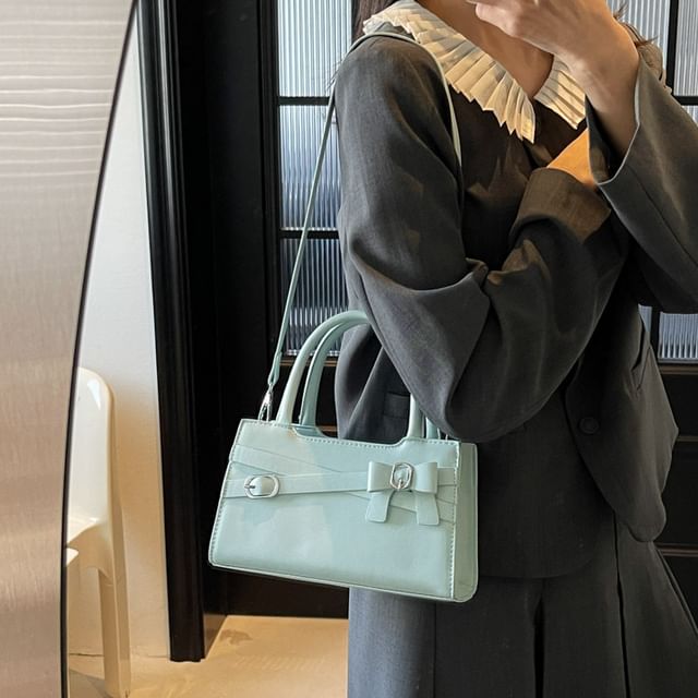 Faux Leather Top Handle Bow Buckled Crossbody Bag