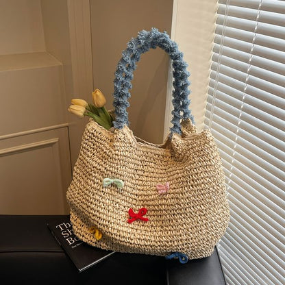 Bow Tassel Strap Woven Tote Bag