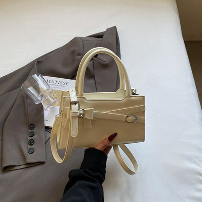 Faux Leather Top Handle Bow Buckled Crossbody Bag