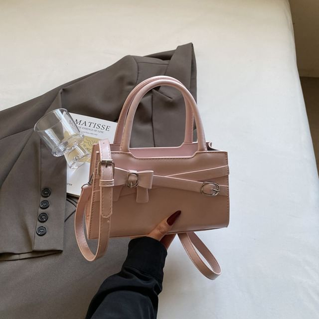Faux Leather Top Handle Bow Buckled Crossbody Bag