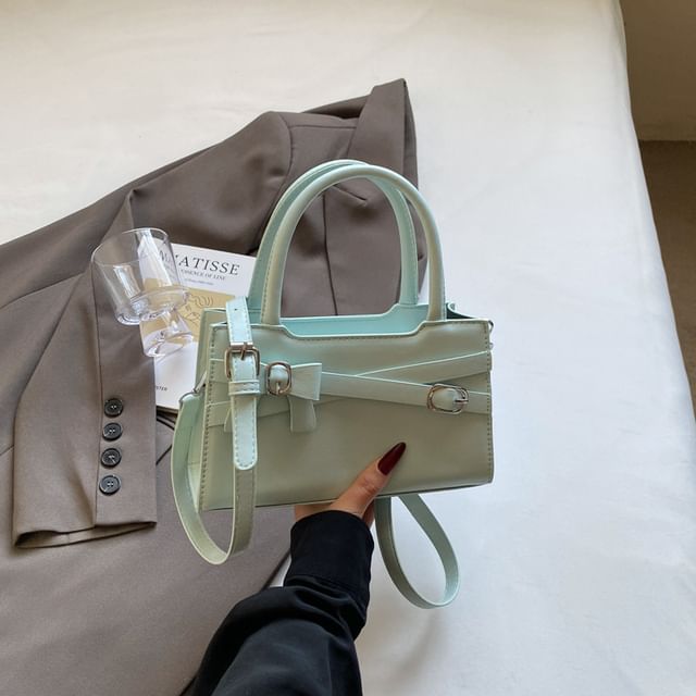 Faux Leather Top Handle Bow Buckled Crossbody Bag